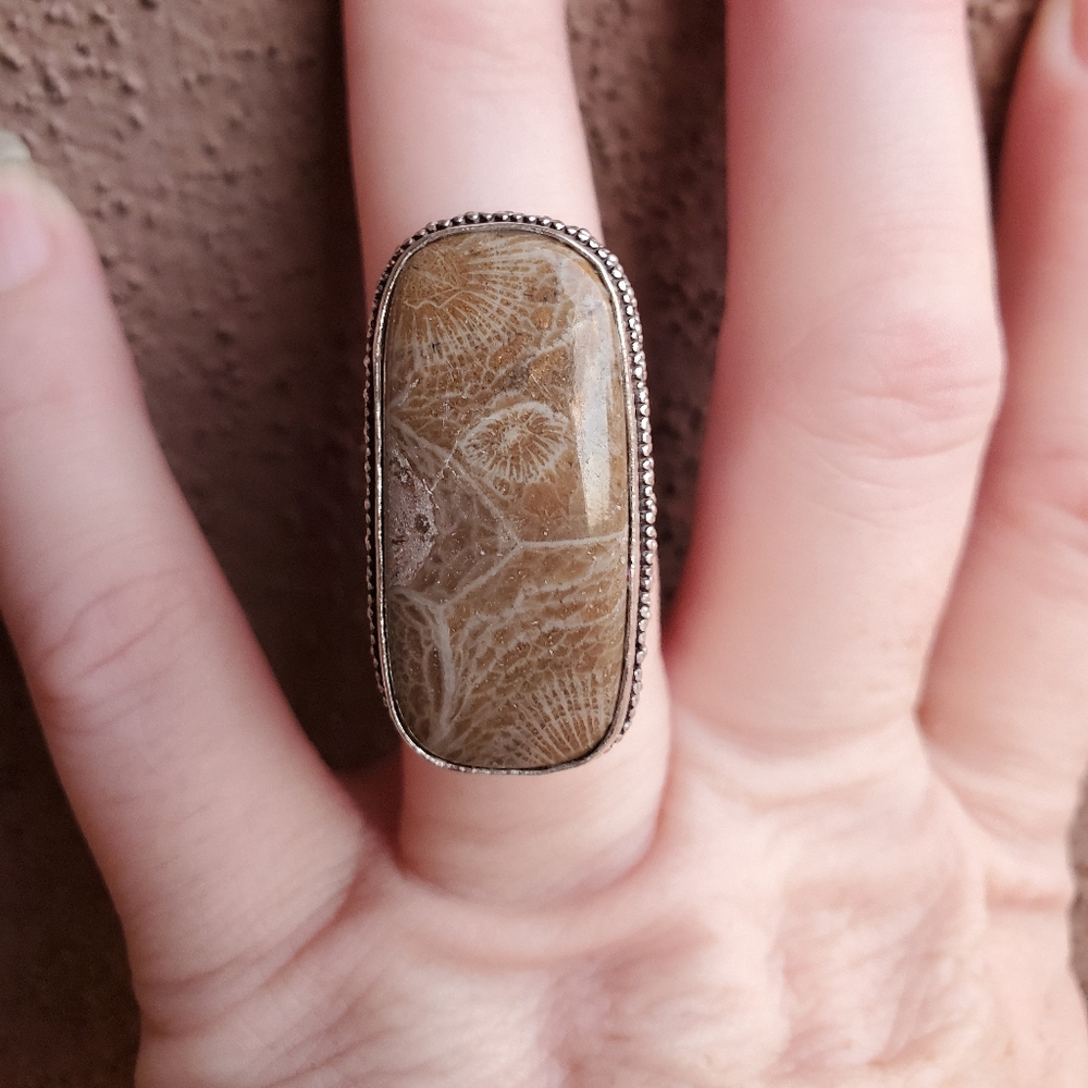 New Fossil Coral 925 Silver Ring.